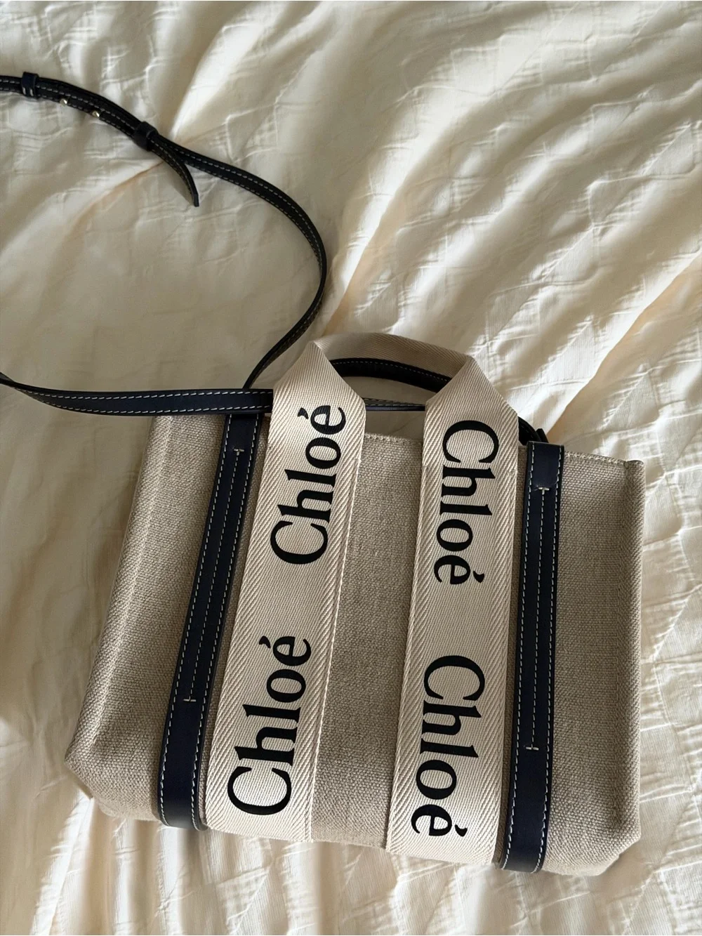 Chloé Beige Canvas Tote with Black Trim and Logo Straps